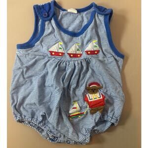 ]Vintage Le Top Baby Boy Bubble Romper Blue Stripe Nautical Sailboat 24 Months